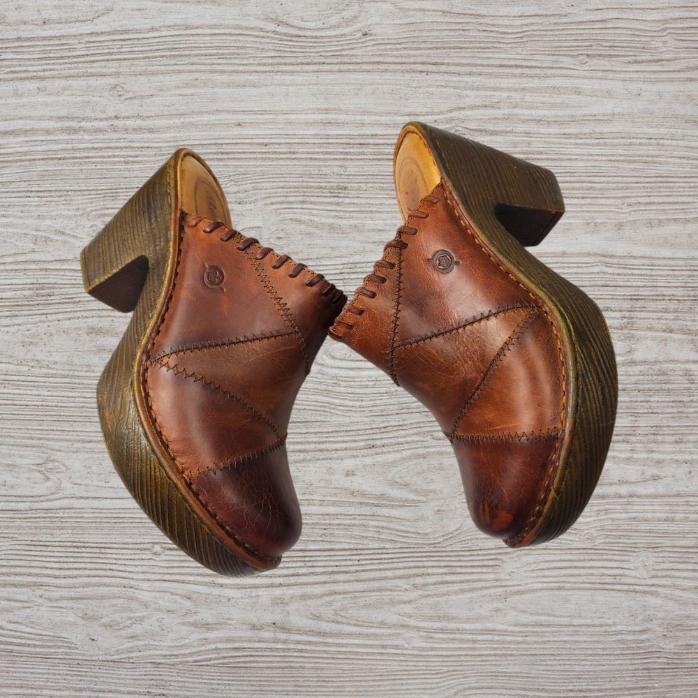 Born Womens Brown Leather Patchwork Platform Clogs Mules Size 8M F14502 VCJH16 - Picture 4 of 8